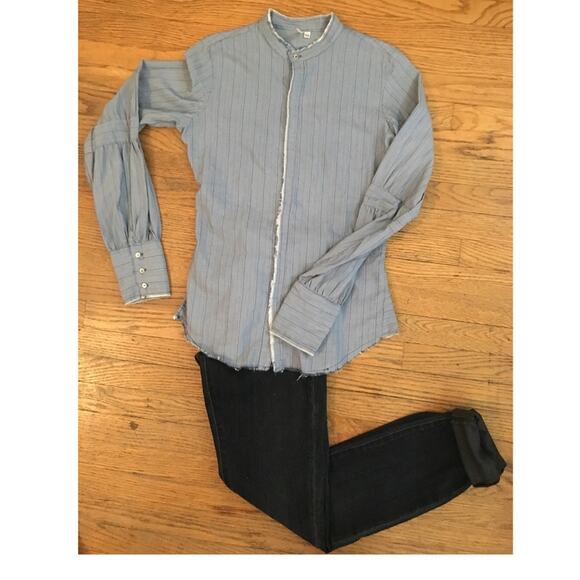 Y2K Joie Blue Pinstripe Blouse XS – Frayed Trim & Pleated Sleeves - Picture 6 of 10